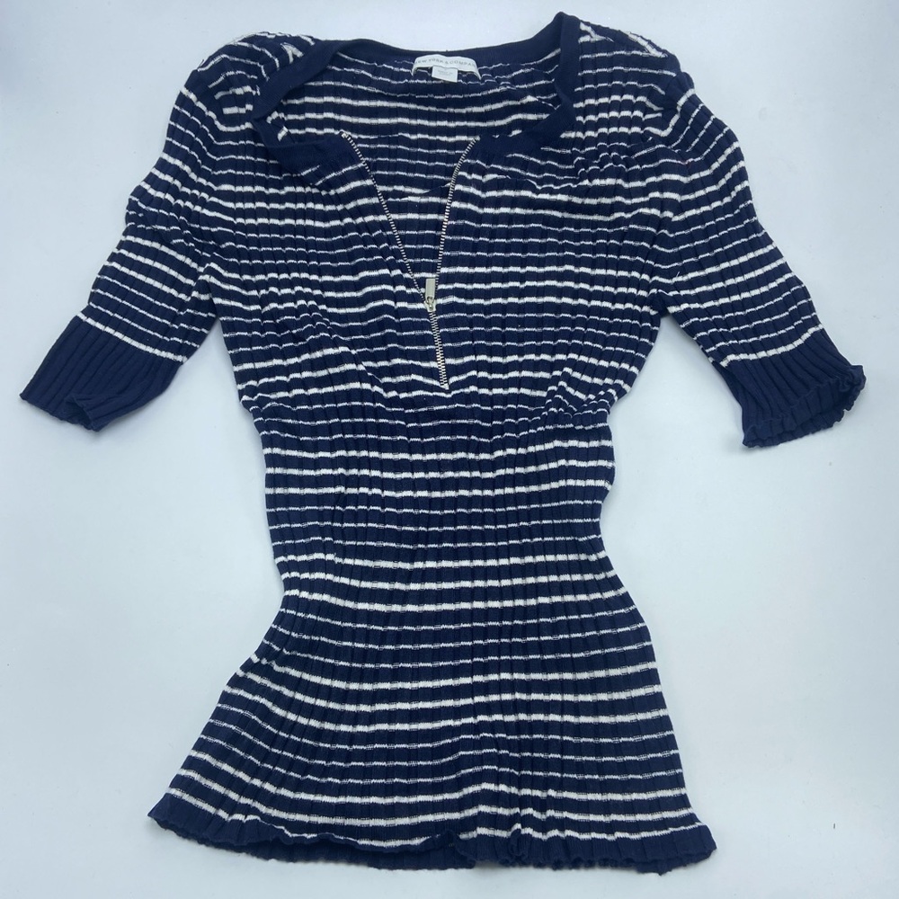 New York & Company Navy blue and white striped zip-up short sleeve knit top